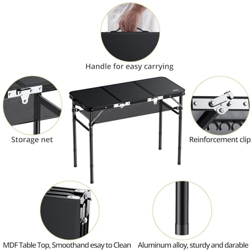 3ft Adjustable Height Aluminum Folding Camping Table with Storage Net P5848