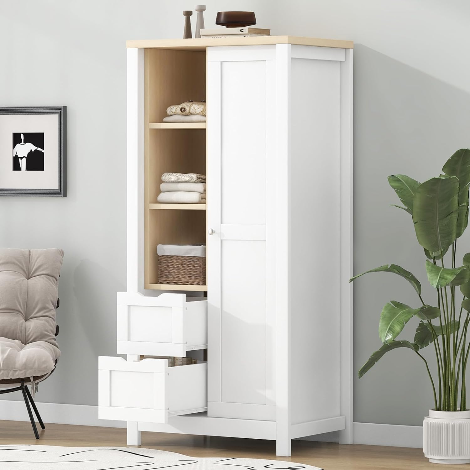 White Wooden Wardrobe Closet with 2 Drawers and Sliding Door M5632