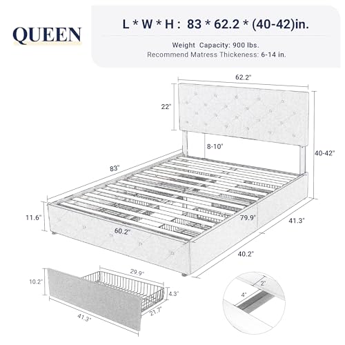Light Grey Queen Size Platform Bed Frame with 4 Storage Drawers C349556