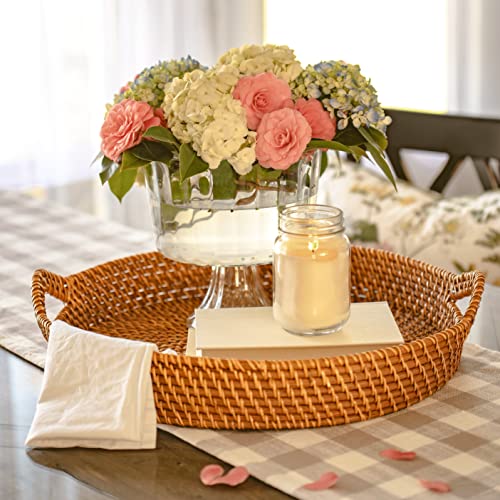 Round Wicker Rattan Tray 18 inches Hand Woven Natural Serving Tray with Handles O282843