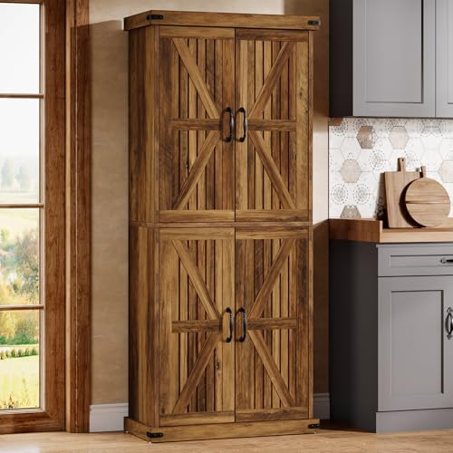 71" Tall Kitchen Pantry, Farmhouse Storage Cabinet with Barn Doors and Adjustable Shelves, Rustic Wooden Cupboard, Brown R807585