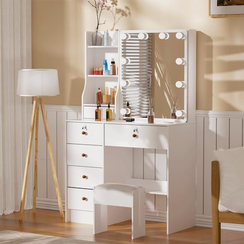 White Vanity Desk with Mirror, Lights, and Drawers with Cushioned Stool P943843