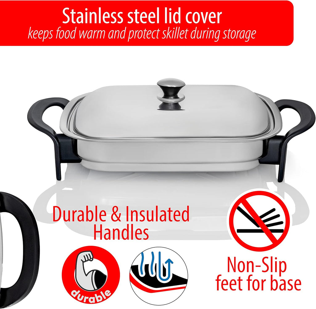 16-Inch Rectangular Stainless Steel Electric Skillet with Lid E5866