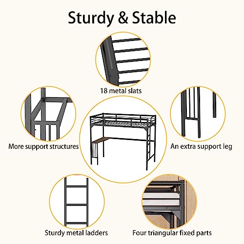 Black Metal Loft Bed Twin Size with Desk and Ladder D909881