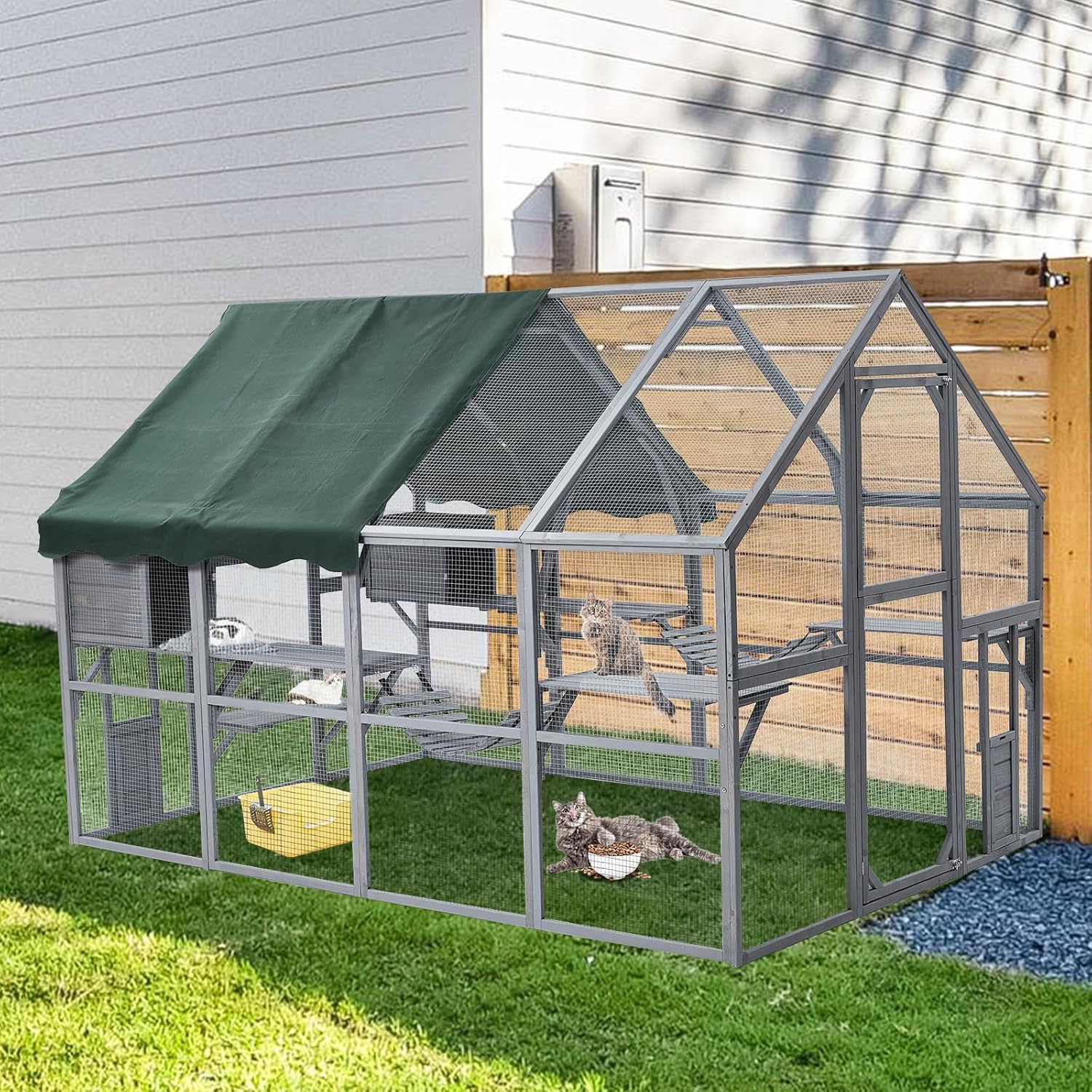 Large 3-Tier Outdoor Cat House with 2 Lockable Cat Doors and a Walk in Door Y44399