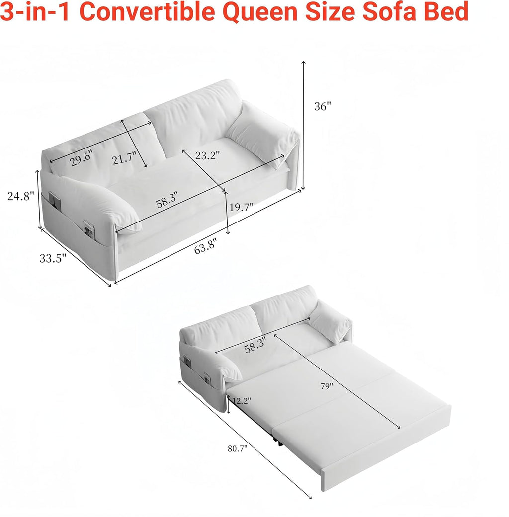 63.8" Queen Pull Out Velvet Sofa Bed with 2 Pillows C2137