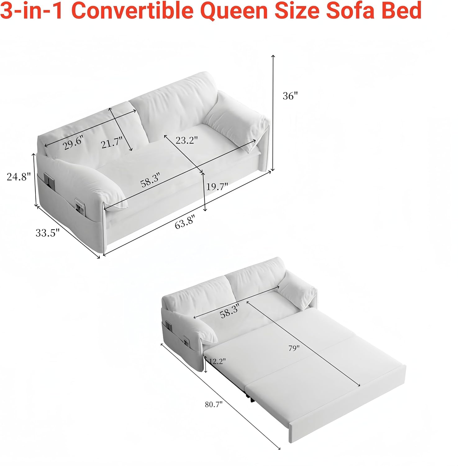 63.8" Queen Pull Out Velvet Sofa Bed with 2 Pillows C2137