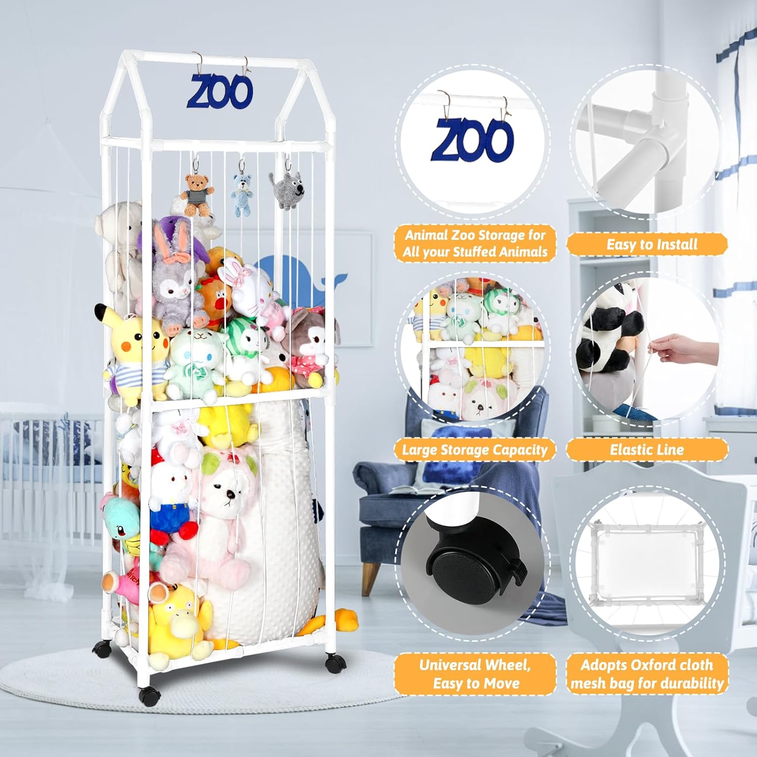 White Stuffed Animal Storage Zoo with Elastic Band and Net Z85658