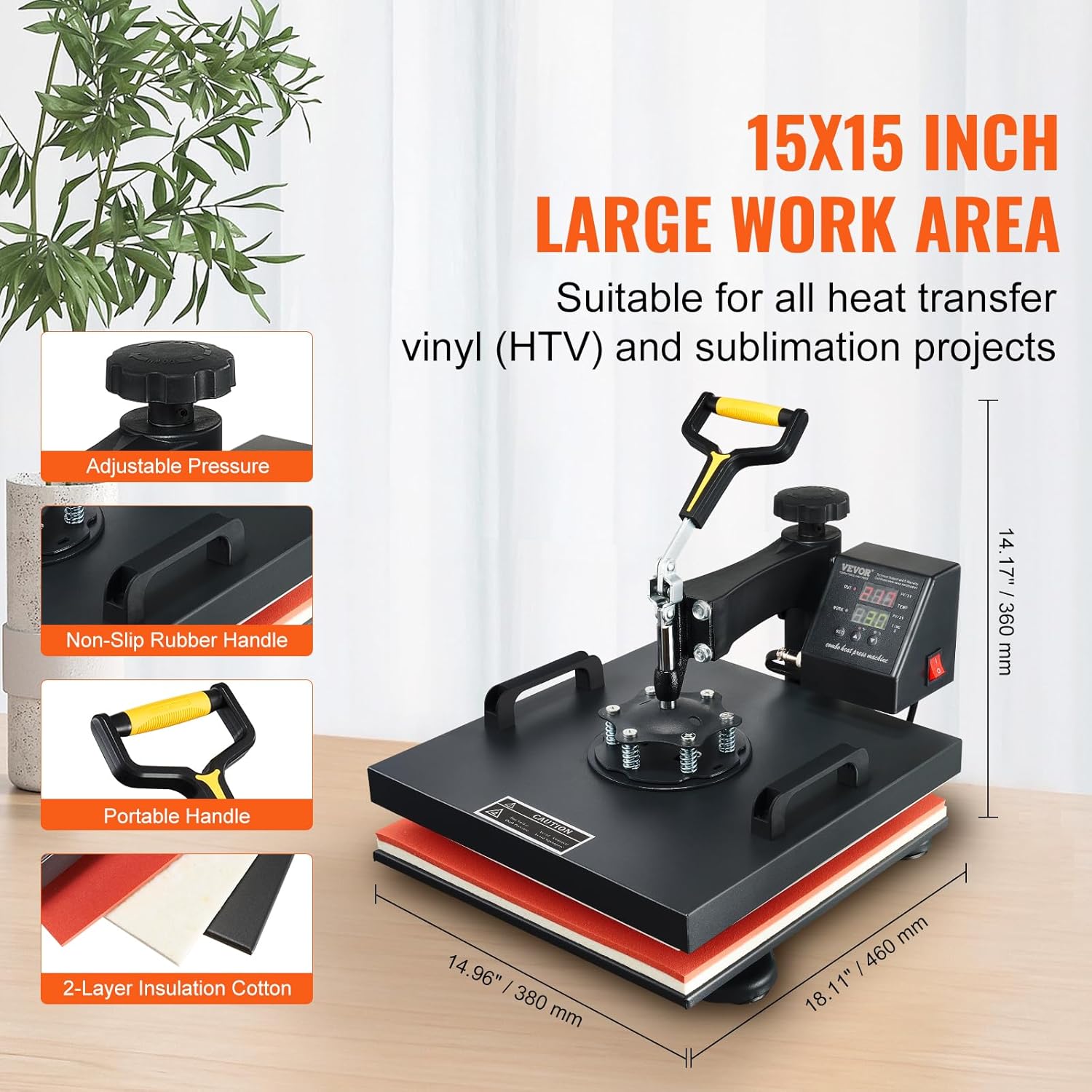 15x15 Heat Press Machine with Hat Press, 360° Swing Away Digital Tshirt Press Machine V362287
