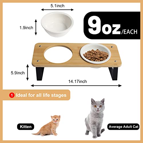 Ceramic Cat Bowl with Stand 15° Tilted Raised Cat Bowl Bamboo Cat Feeding Station K4416