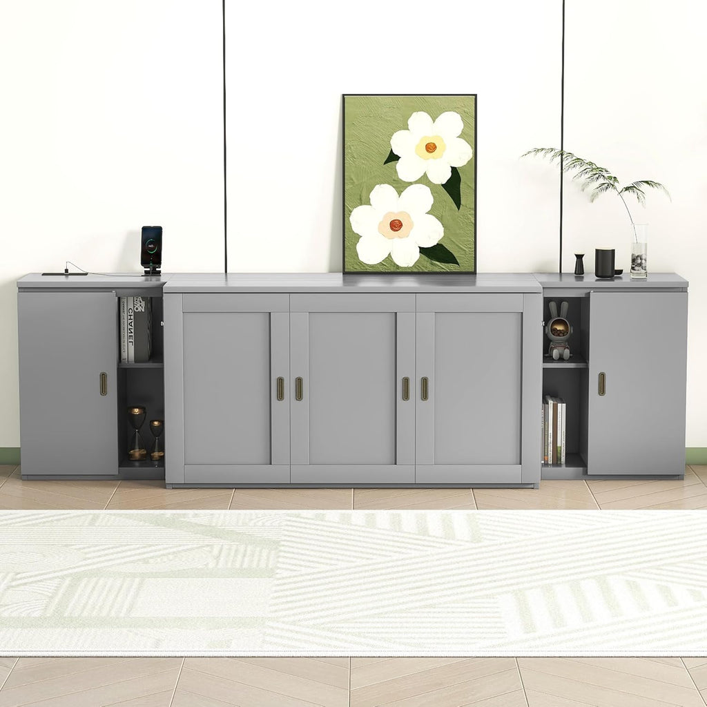 Queen Size Gray Murphy Wall Bed with Shelves and Cabinets H996205