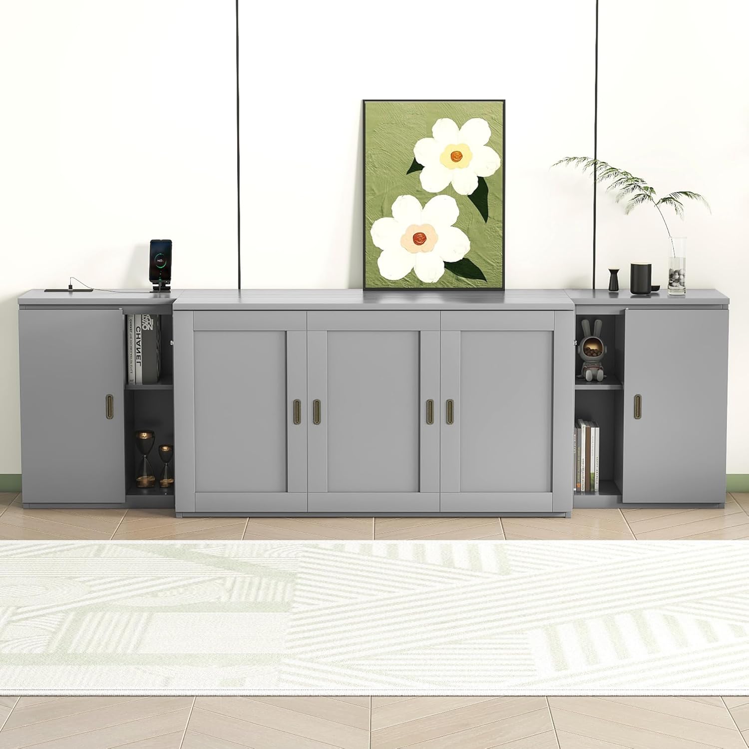 Queen Size Gray Murphy Wall Bed with Shelves and Cabinets H996205