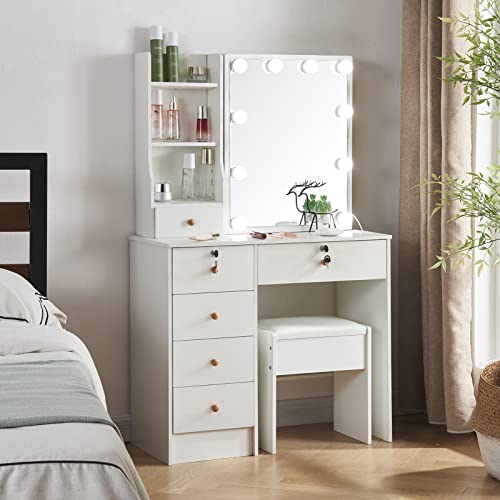 White Vanity Desk with Mirror, Lights, and Drawers with Cushioned Stool P943843