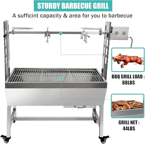 Stainless Steel Charcoal Spit Rotisserie Roaster Grill with Back Cover Guard and Baffle T220086
