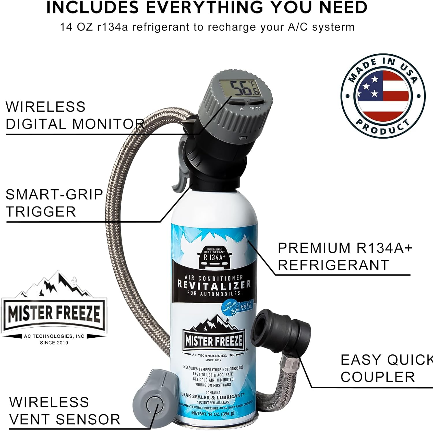 14 Oz R134a Refrigerant Recharge Kit with Wireless Digital Temperature Sensor U14318