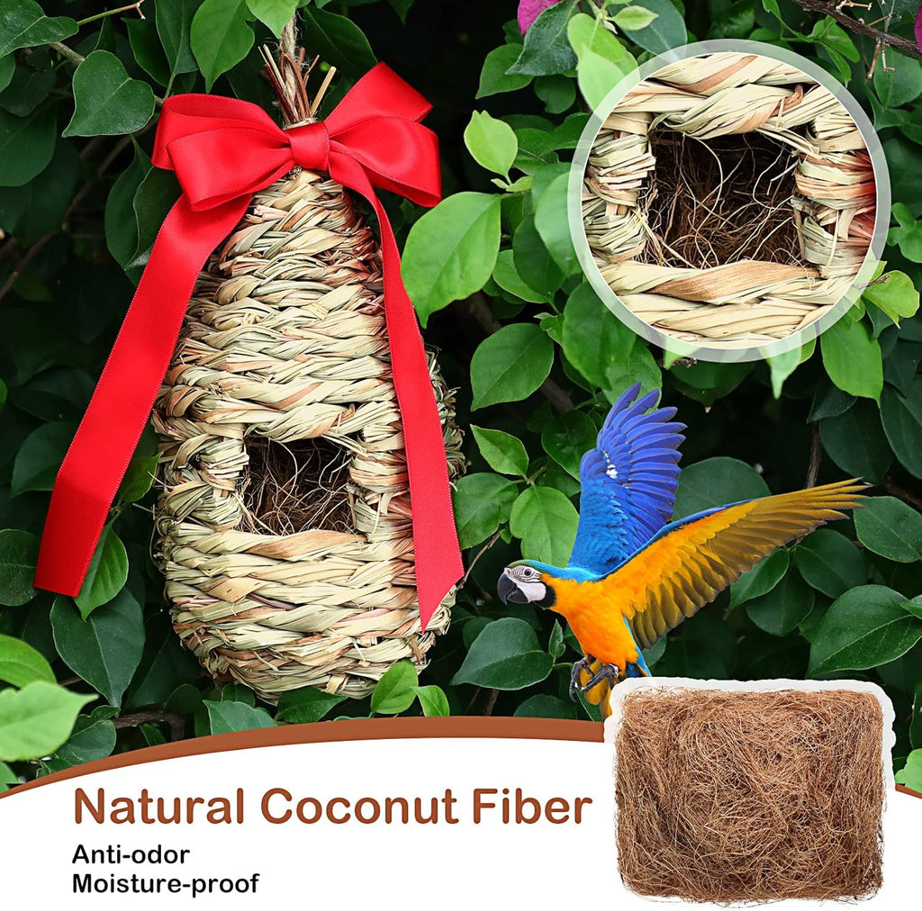 3 Pack Hummingbird Nest House with Coconut Fiber Nesting Material Red Ribbon Woven Nest A20274