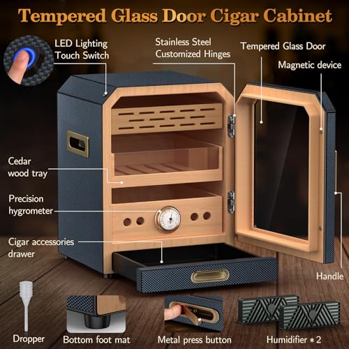 Lighted Magnetic Door Desktop Cigar Humidor Cabinet with Drawer, 3 Layer, Brown B78421