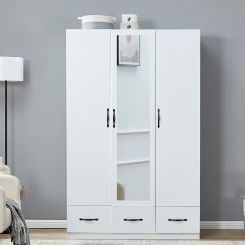 Rattan Armoire Wardrobe Closet Wood 71" Tall with 3 Doors 4 Drawers Mirror Hanging Rod and Shelves X5068
