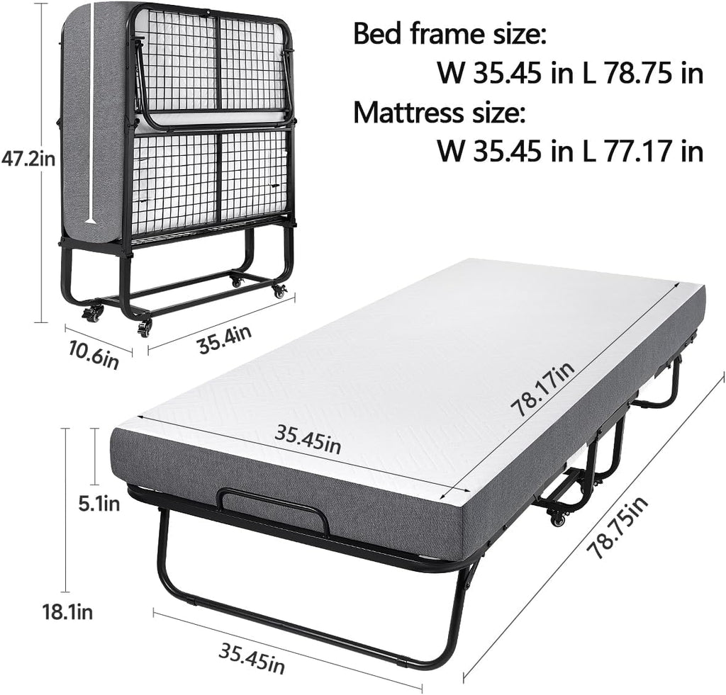 Folding Bed with 5.2" Thick Memory Foam Mattress, 79 * 35inch, Metal Folding Frame A250108