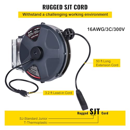 50 FT 14AWG/3C SJTOW Power Cord Reel with Lighted Triple Tap Outlet B650804