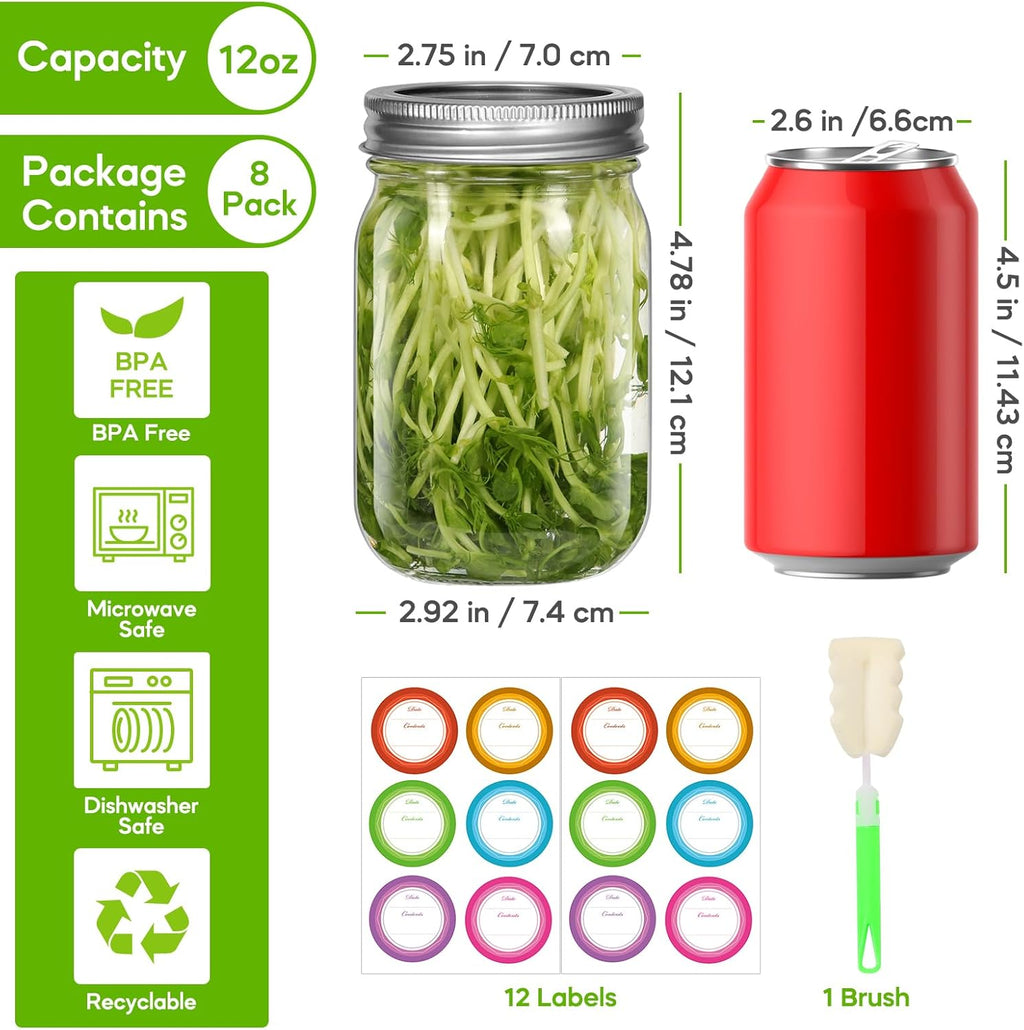 12 oz Clear Glass Mason Jar with Airtight Lid, 8 Pack Q947913