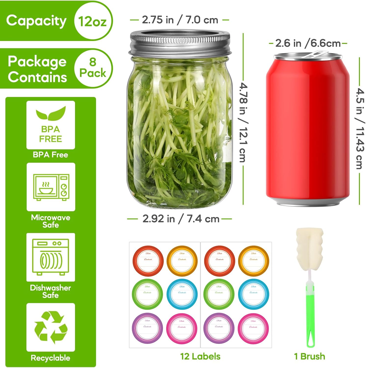 12 oz Clear Glass Mason Jar with Airtight Lid, 8 Pack Q947913