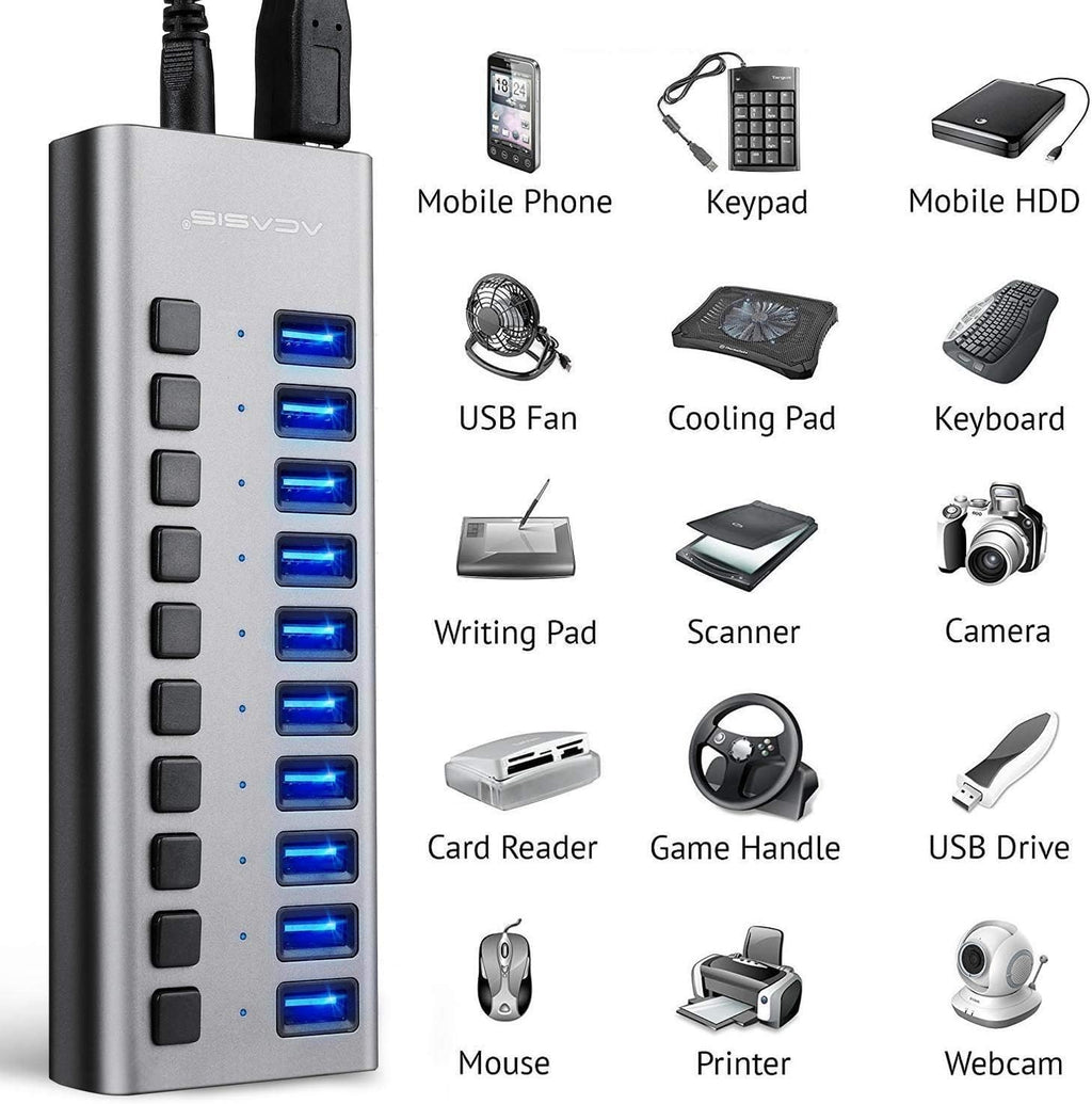 10 Ports 48W USB 3.0 Data Hub with Individual On/Off Switches and 12V/4A Power Adapter N4035