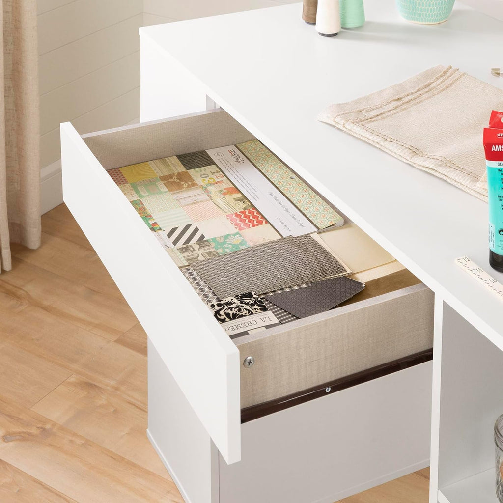 Pure White Counter-Height Craft Table with 4 baskets P128677