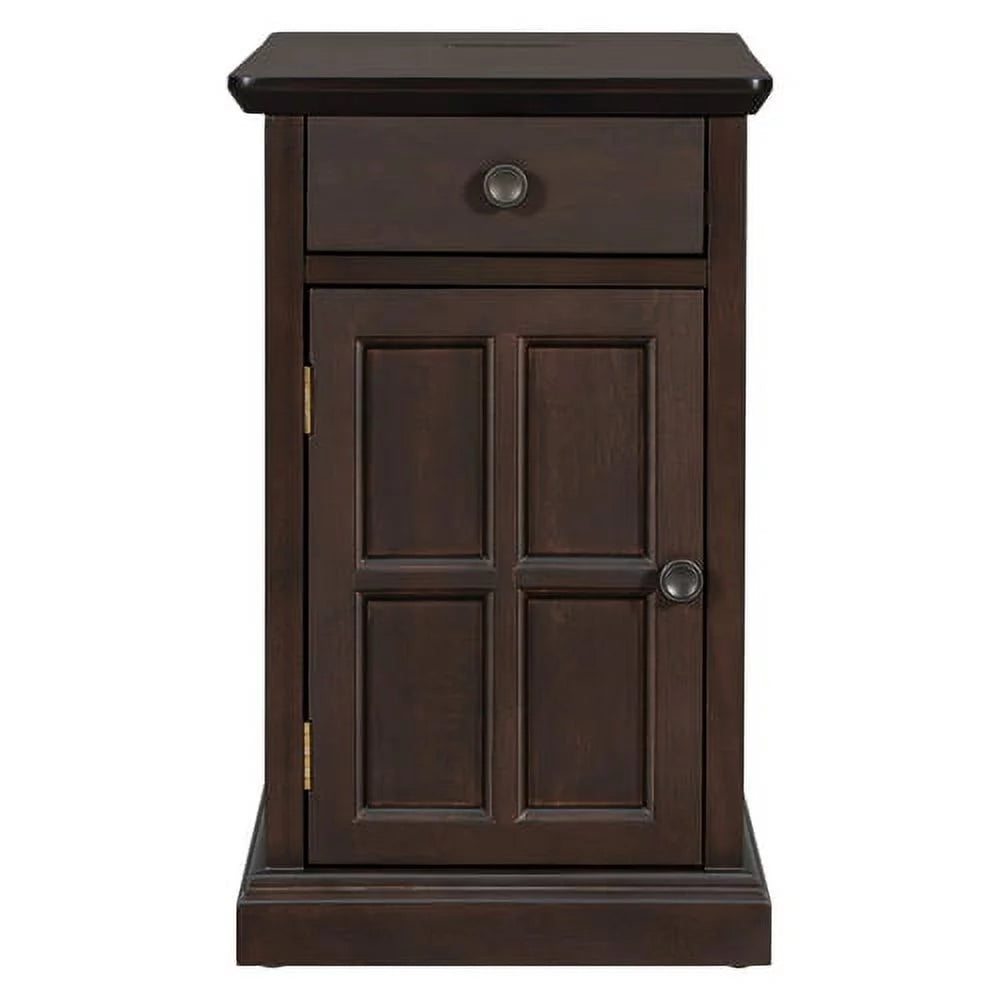 Antique Espresso End Table with USB Ports Drawer and Cup Holders R992052