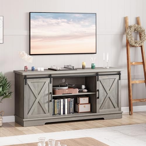 White TV Stand with Storage and Sliding Barn Doors F359