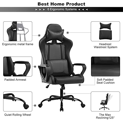 White Ergonomic PU Leather Gaming Chair with Lumbar Support Headrest D904