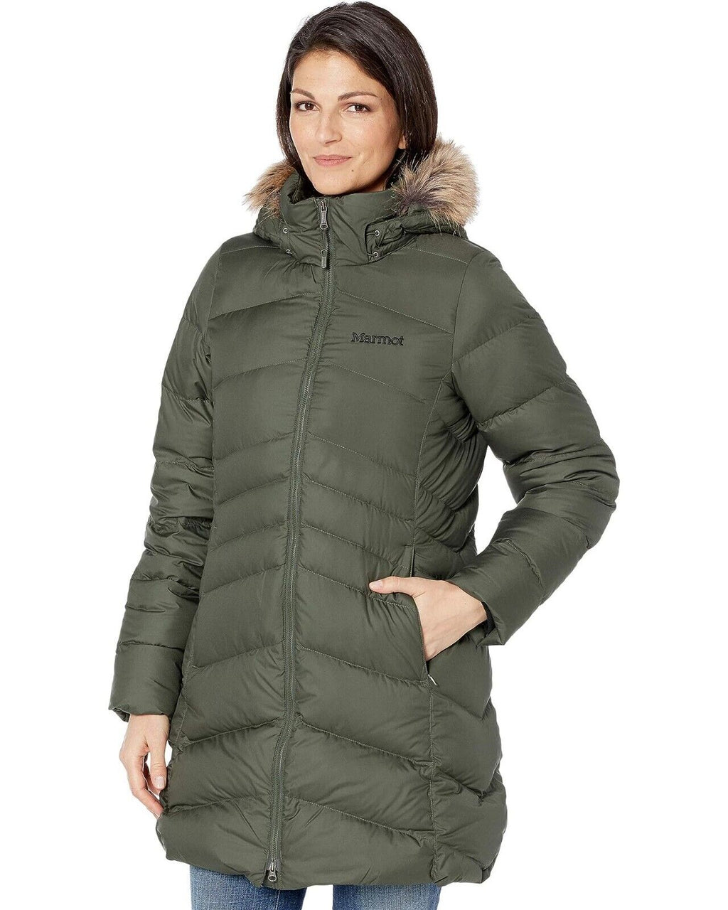 Olive Green Hooded Faux-Fur-Trim Coat Size XL Y3925