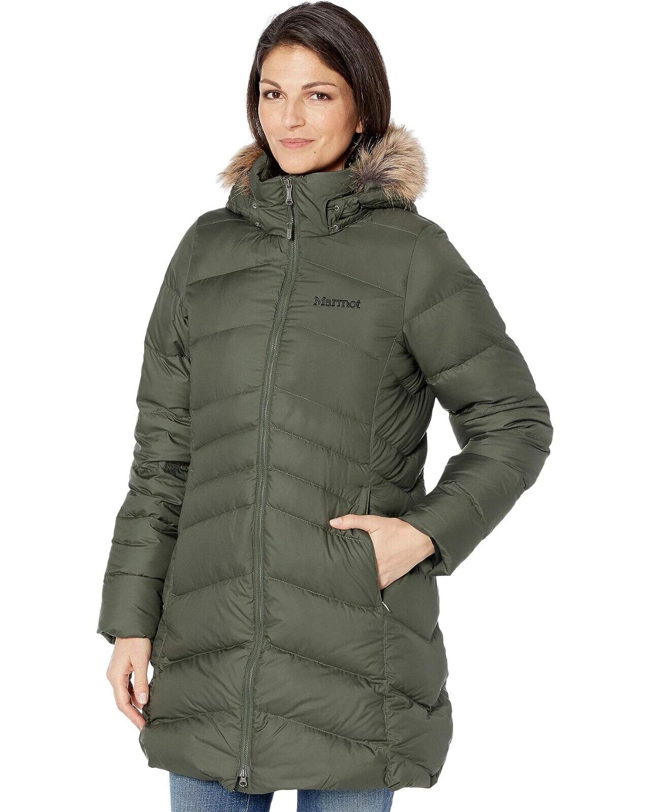 Olive Green Hooded Faux-Fur-Trim Coat Size XL Y3925