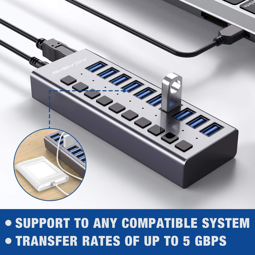10 Ports 48W USB 3.0 Data Hub with Individual On/Off Switches and 12V/4A Power Adapter N4035
