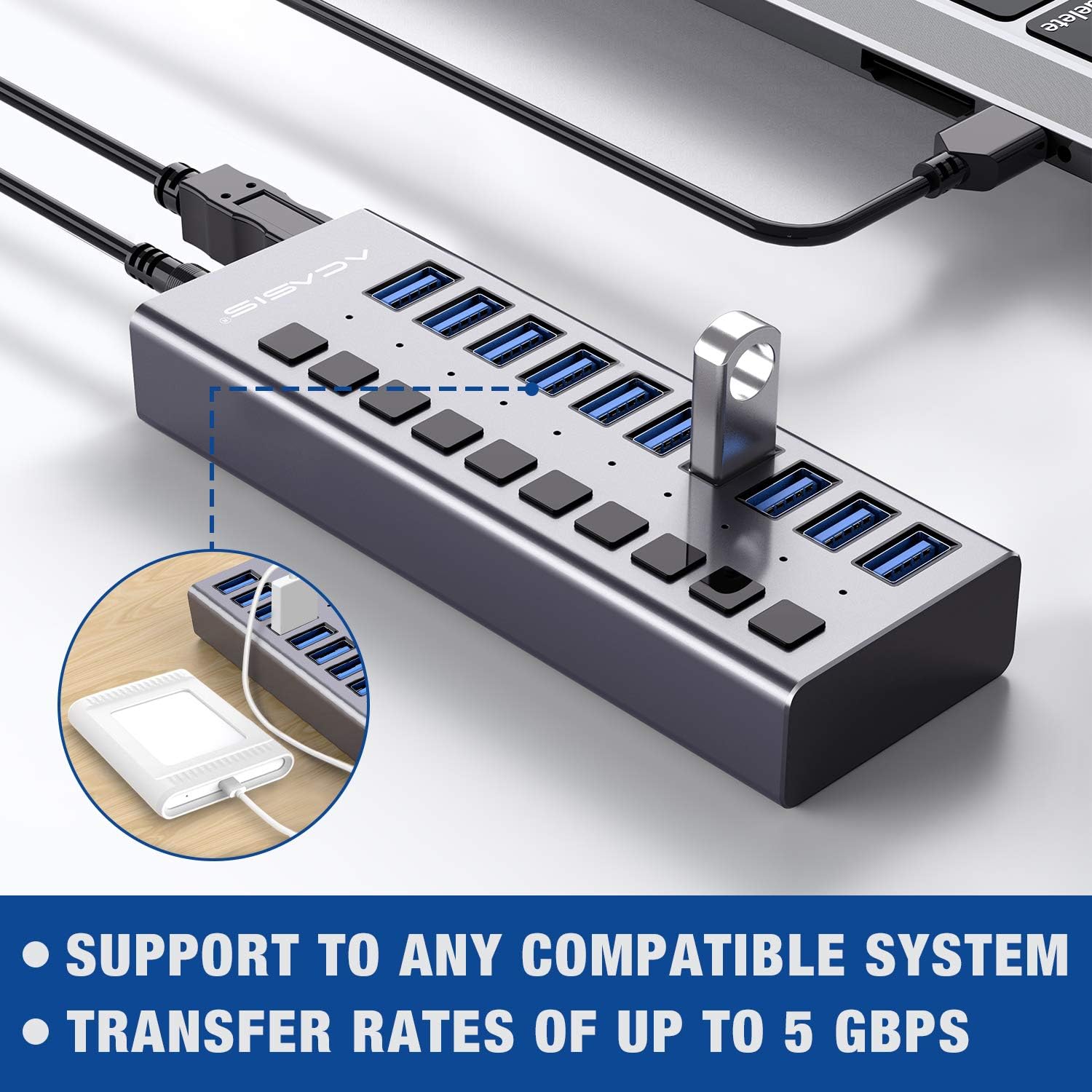 10 Ports 48W USB 3.0 Data Hub with Individual On/Off Switches and 12V/4A Power Adapter N4035