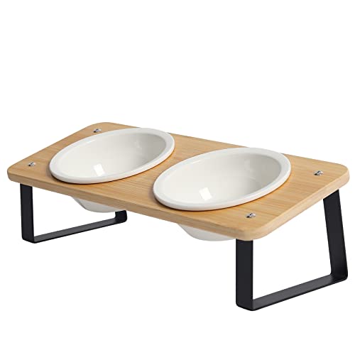 Ceramic Cat Bowl with Stand 15° Tilted Raised Cat Bowl Bamboo Cat Feeding Station K4416