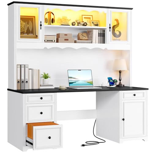 White & Black Executive Desk with Hutch and Drawers, Power Outlet & LED Lights, Storage Shelves, Storage Cabinet with Glass Door H3563
