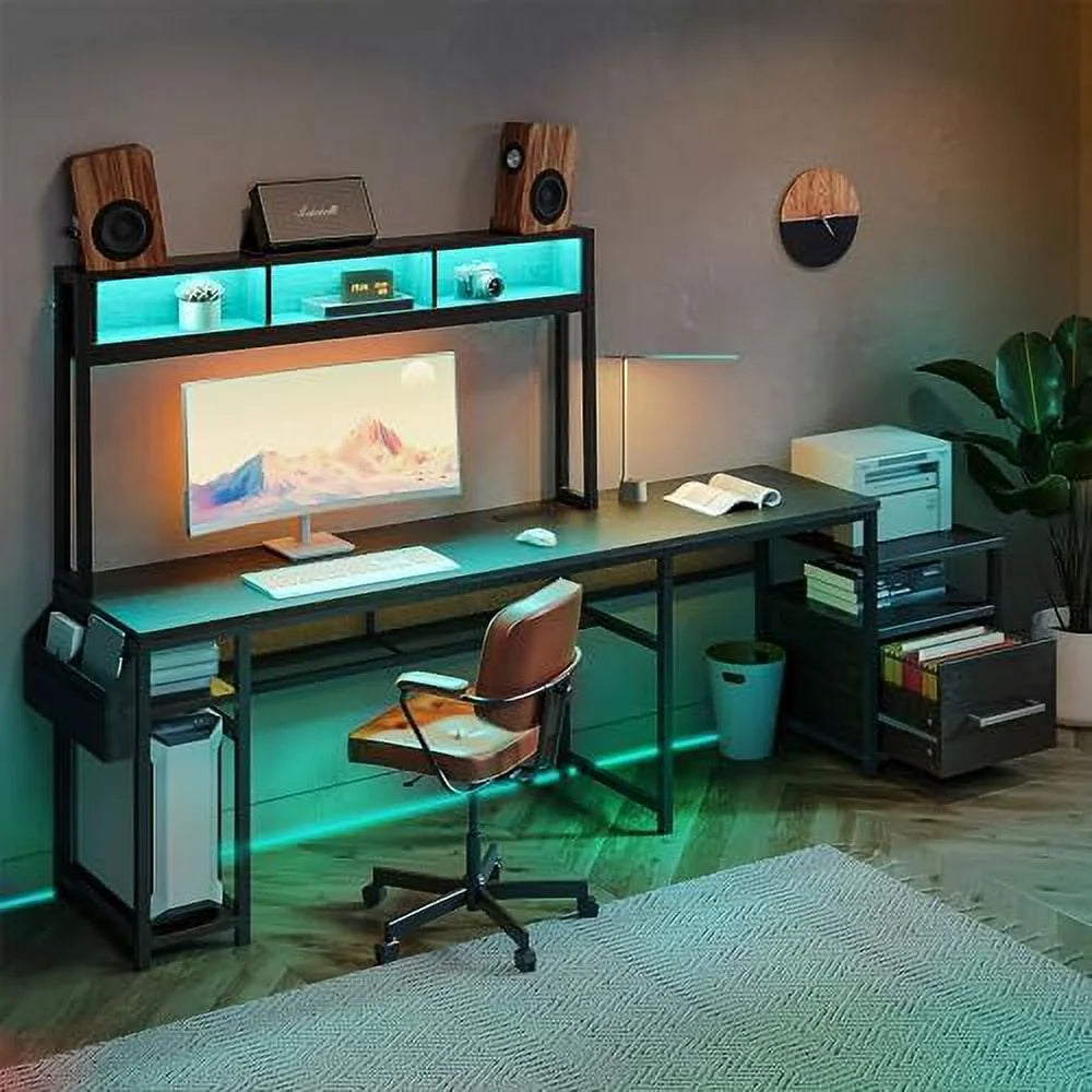 Computer Desk with Monitor Stand and File Cabinet, 104" Long L-Shaped Desk with RGB LED Lights and USB AC Outlet X727408