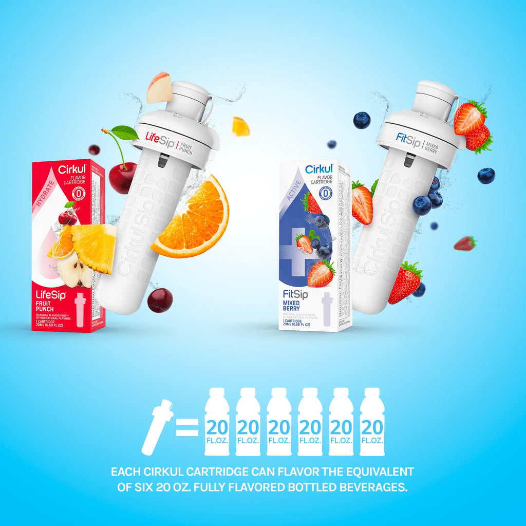 22 oz Plastic Water Bottle with Blue Lid and 2 Flavor Cartridges D156