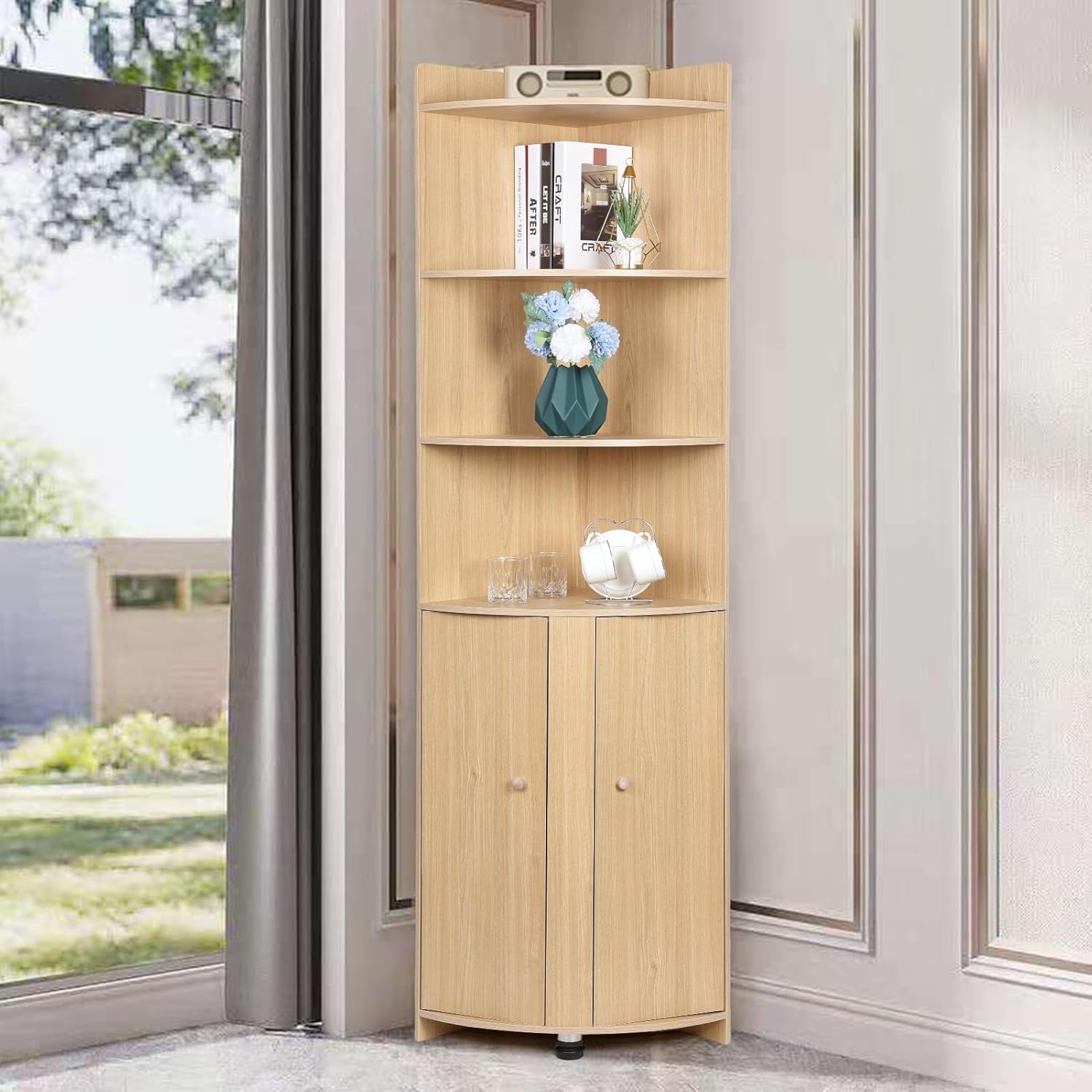 Tall Bathroom Corner Cabinet with Barn Door Design & Open Shelves N1203