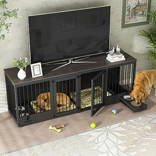 Black Heavy Duty Wooden Dog Crate with Dog Bowl Drawers & Divider L82682