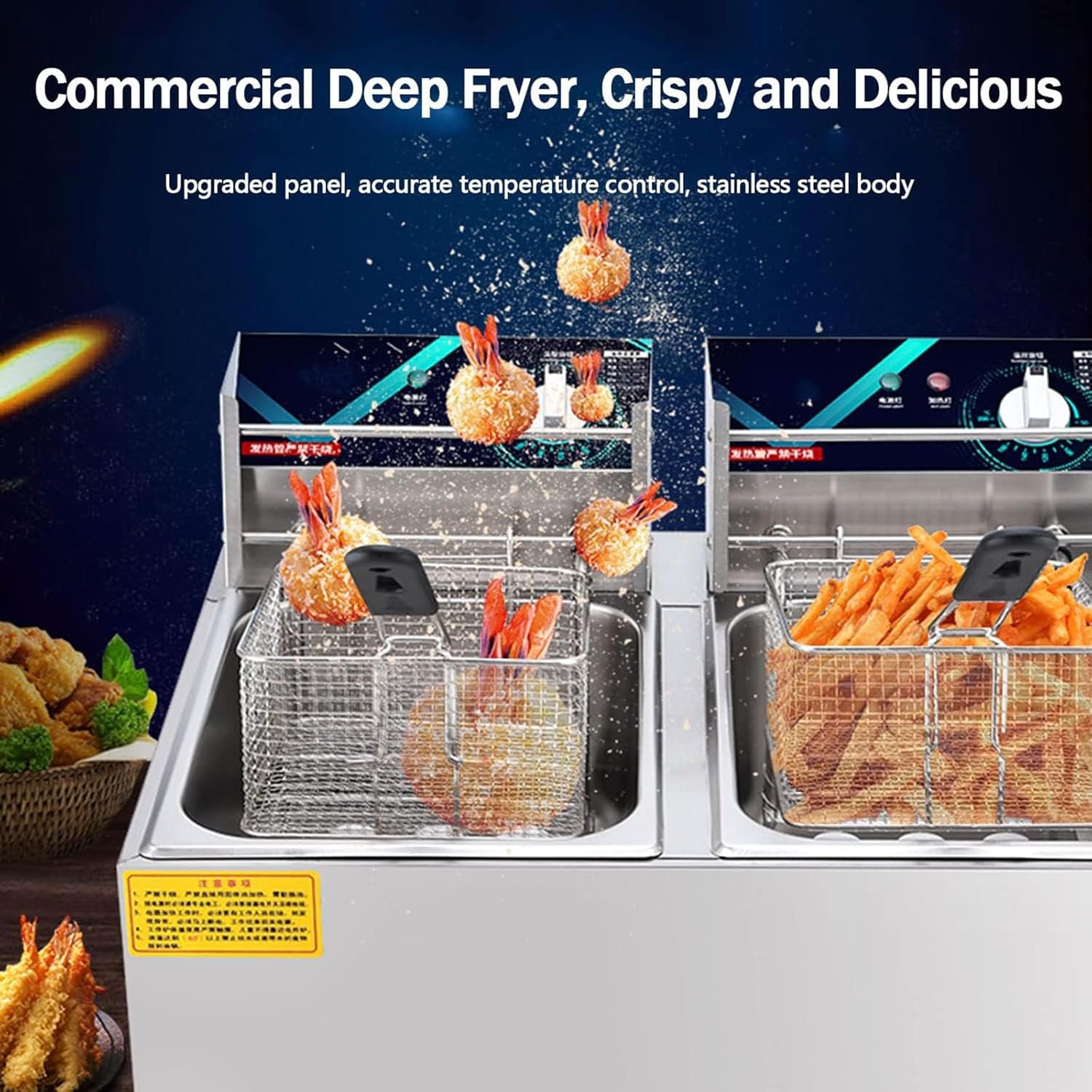 20L Electric Double-Cylinder Stainless Steel Deep Fat Fryer with 2 Fry Basket And Lid D1841