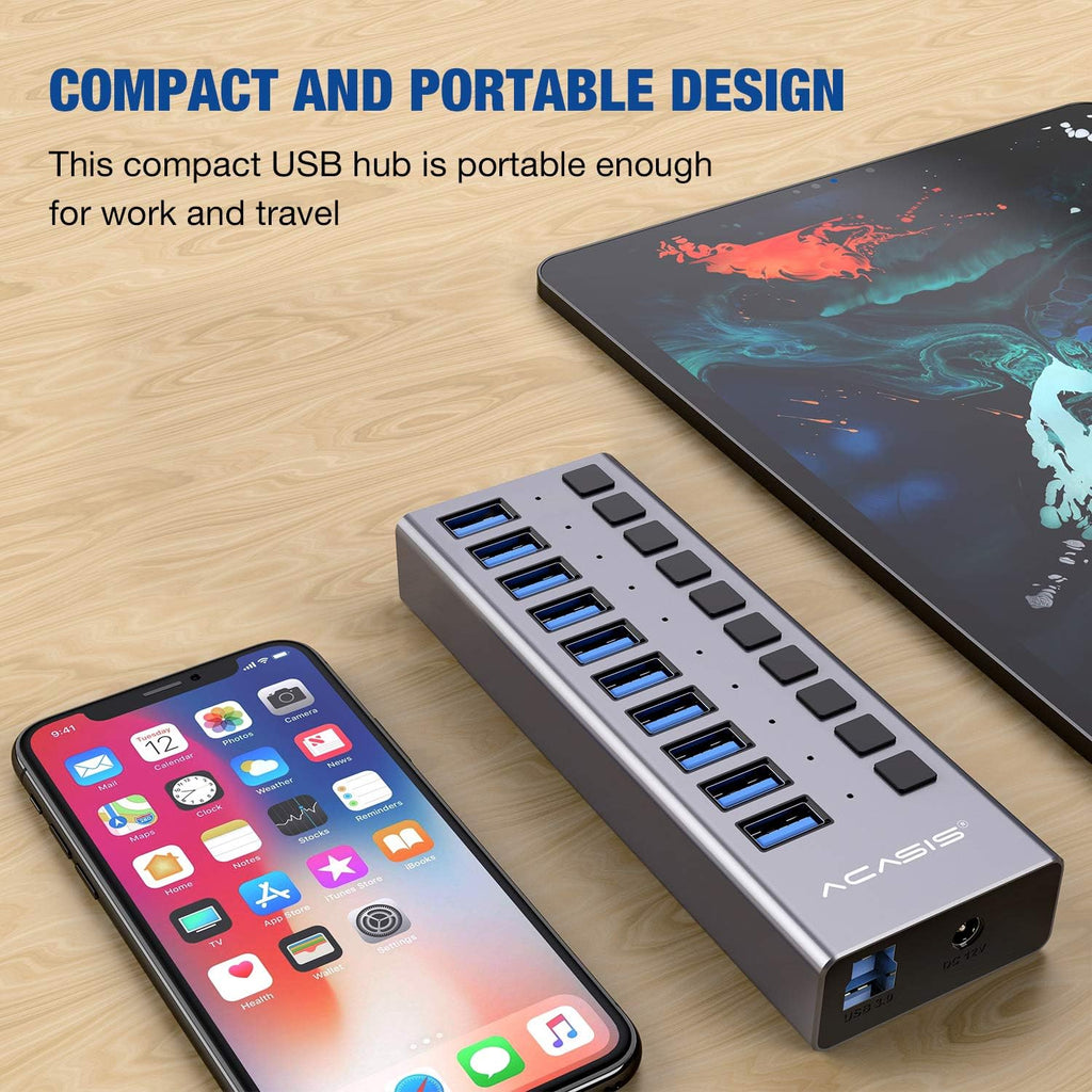 10 Ports 48W USB 3.0 Data Hub with Individual On/Off Switches and 12V/4A Power Adapter N4035