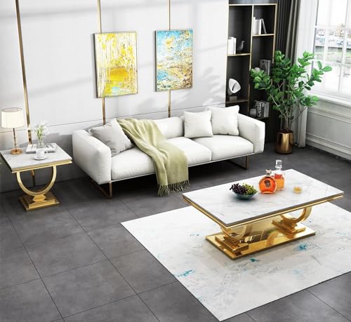 White Marble Coffee Table with Stainless Steel Pedestal Z99967