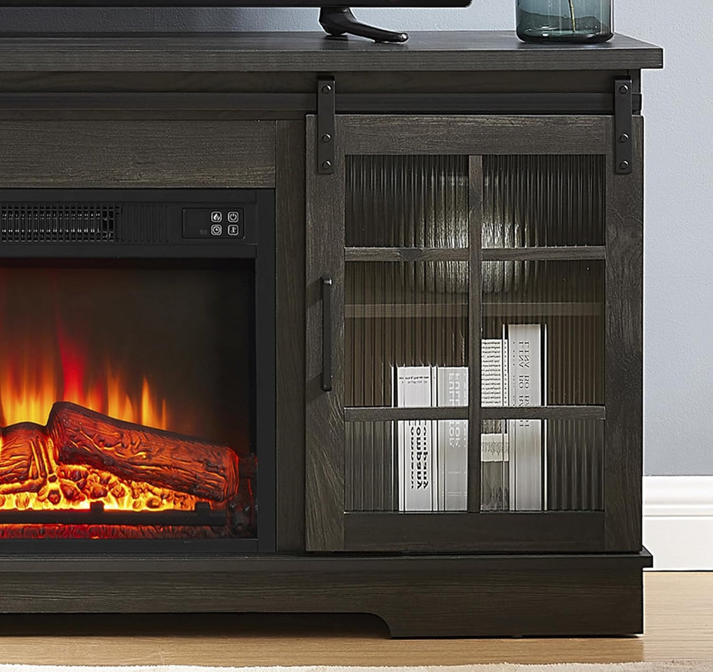 Charcoal Grey Fireplace TV Stand with Storage Drawers and Sliding Door J9751