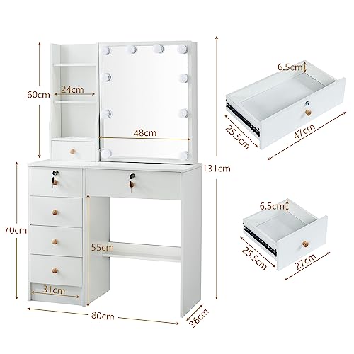 White Vanity Desk with Mirror, Lights, and Drawers with Cushioned Stool P943843