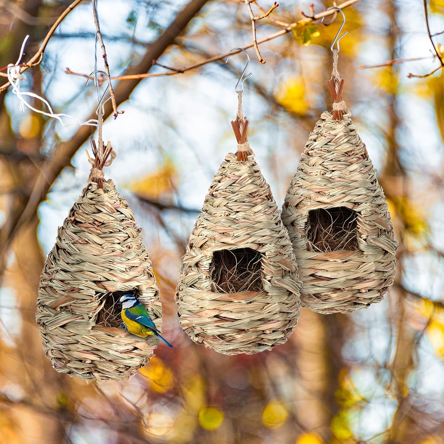 3 Pack Hummingbird Nest House with Coconut Fiber Nesting Material Red Ribbon Woven Nest A20274