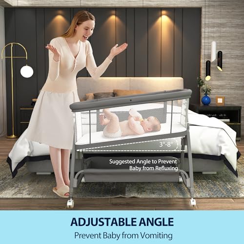 Baby Bassinet Bedside Sleeper, 3 in 1 Rocking Bassinet with Wheels, Adjustable Height, Storage, Mattress & Canopy X3850