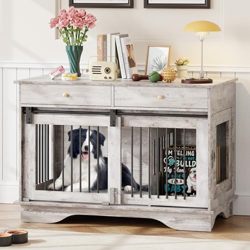47" Grey Dog Crate Furniture with 2 Storage Draws B4927