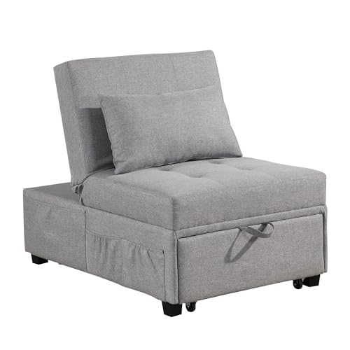 4 in 1 Convertible Linen Fabric Sleeper Chair Bed Ottoman with Adjustable Backrest & Pillow W621846